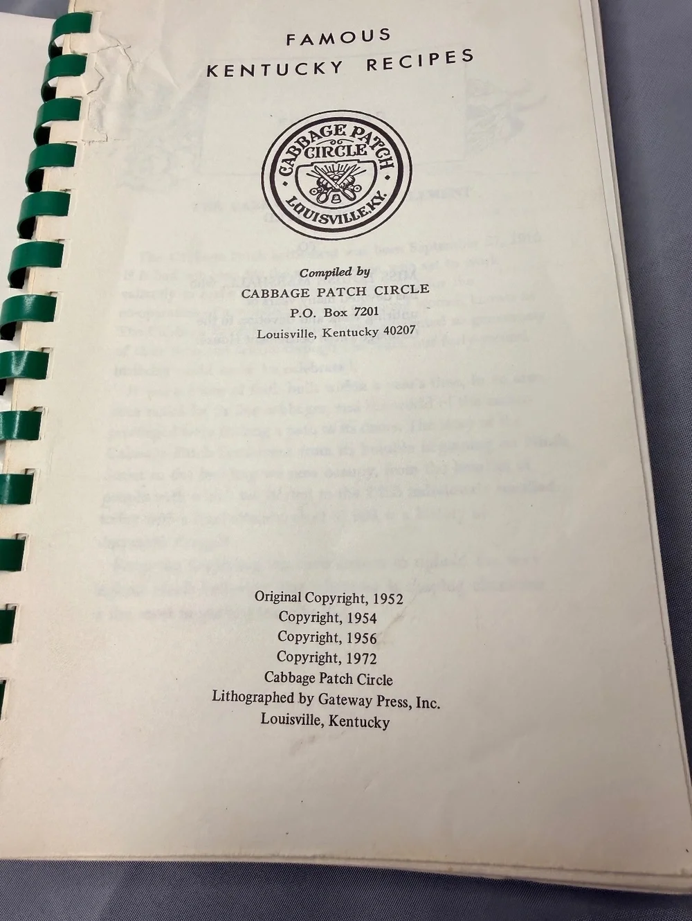 Cabbage Patch Famous Kentucky Recipes Cookbook 1972 Spiral Community Cookbook